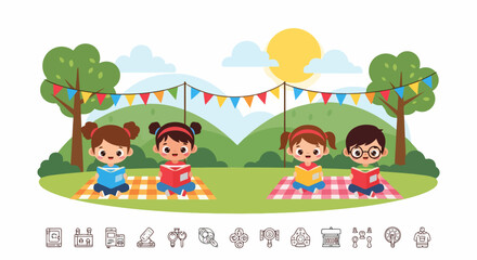 Obraz premium Children Reading Books Outdoors Picnic Fun.
