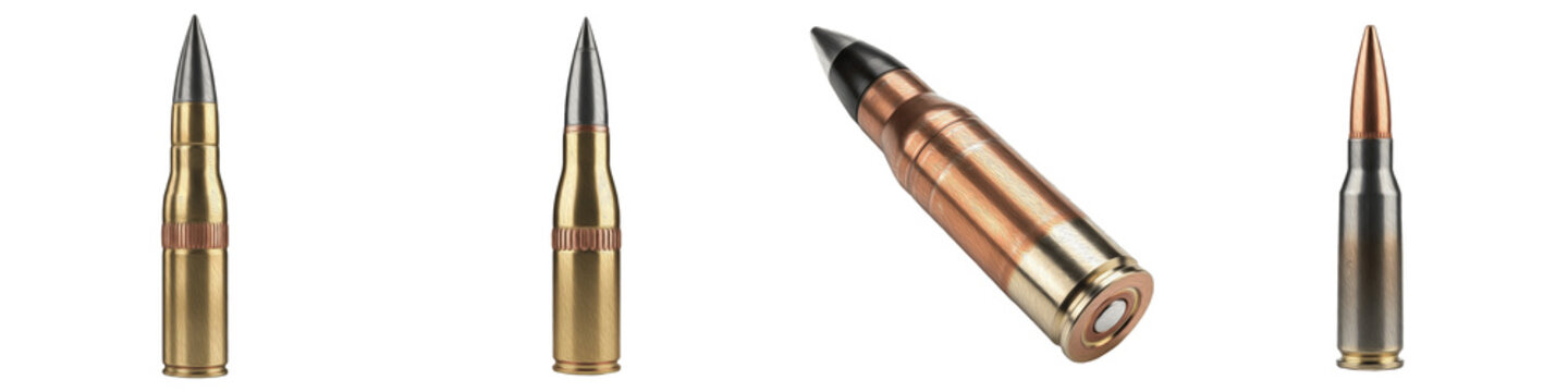 Set of military rifle ammunition and firearm cartridges with brass and steel casings in vertical and angled layouts isolated on white background, tactical full metal jacket bullets for hunting and sni