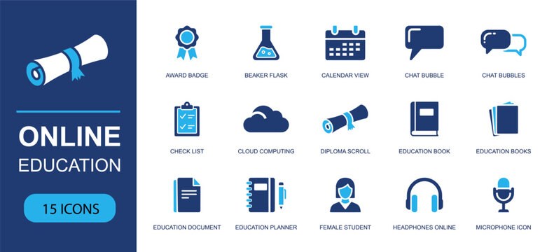 Online education icon set containing award badge, beaker flask, calendar, chat, checklist, cloud, diploma, book, student and more, solid fill vector icons for e-learning and virtual classes.