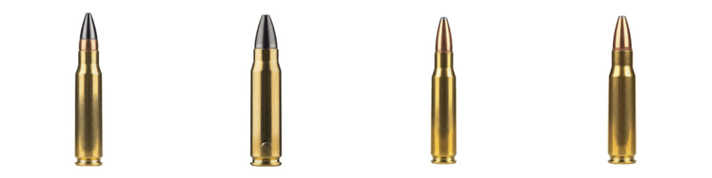 Set of brass rifle ammunition and firearm cartridges isolated on white background, military caliber bullet shells for hunting and sniper weapons, collection of metallic ammo rounds for security defens