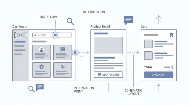 User flow diagram showing the path from dashboard to product detail and cart checkout