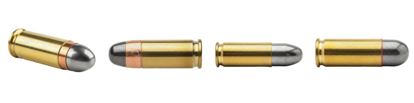 9mm Pistol Handgun Bullets Set PNG - Realistic Brass Cartridges with Silver Lead and Copper Projectiles Isolated on Transparent Background for Tactical Defense, Military Gaming, Weapon Graphic Layouts