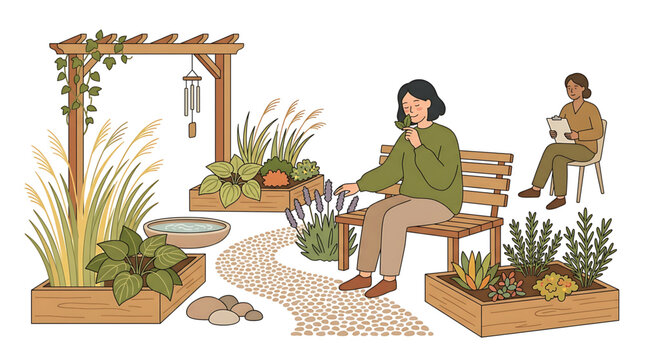 Therapeutic garden scene with a woman smelling herbs and a therapist taking notes