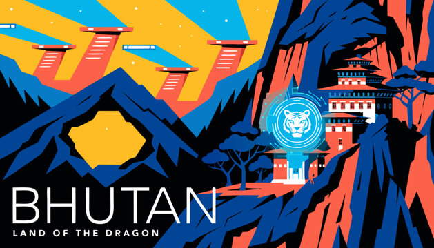 Very beautiful Bhutan cyberpunk poster featuring the legendary Tiger&rsquo;s Nest Monastery illuminated with futuristic holographic light, dramatic mountain scenery, glowing sky bridges, and a harmonious bl