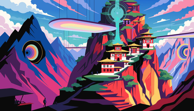 Very beautiful Bhutan cyberpunk poster featuring the legendary Tiger&rsquo;s Nest Monastery illuminated with futuristic holographic light, dramatic mountain scenery, glowing sky bridges, and a harmonious 