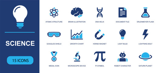 Science icon set containing atomic structure, brain, DNA helix, document file, flask, safety goggles, magnet, microscope, Saturn planet and more, solid fill vector icons for lab research. © Ella