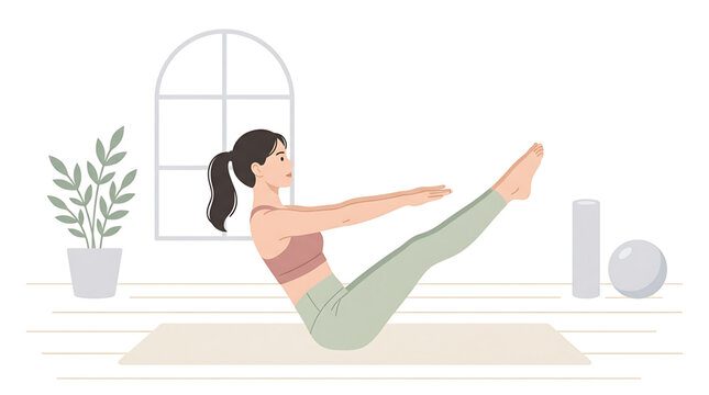 Young woman practicing boat pose yoga on a mat in a bright room