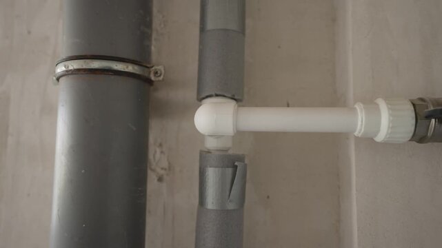 industrial plumbing system with gray insulated pipes and white pvc pipe connection on concrete wall, showing home improvement and construction details
