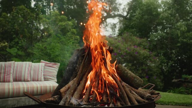 Vibrant bonfire burns brightly in rustic metal fire pit with stacked logs and branches. Tall orange flames dance against lush green garden backdrop with outdoor sofa and string lights.