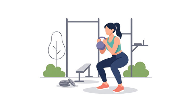 Young woman doing goblet squats with a kettlebell in an outdoor gym setting