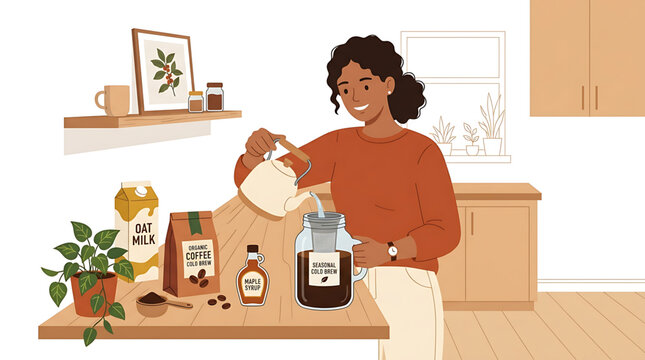 A woman making cold brew coffee in a cozy kitchen setting