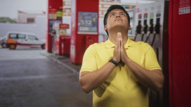 Man in yellow polo presses hands together in prayer at a street gas station while wearing a wristwatch; humble prayer hopeful.