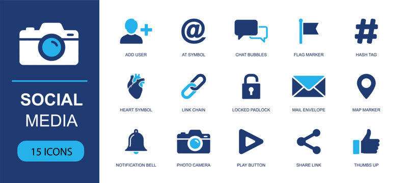 Social media icon set. Containing add user, chat bubble, hashtag, heart, lock, mail, camera, play button, share link and more. Solid fill vector icons for digital communication apps.