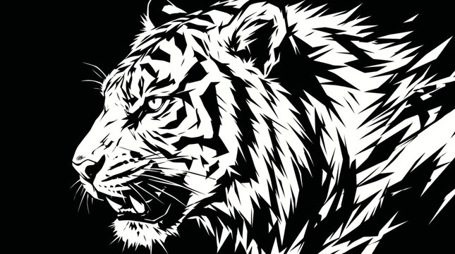 Bold black and white minimalist vector illustration showcasing a majestic tiger's powerful profile, dynamic lines, and fierce expression in artistic graphic design
