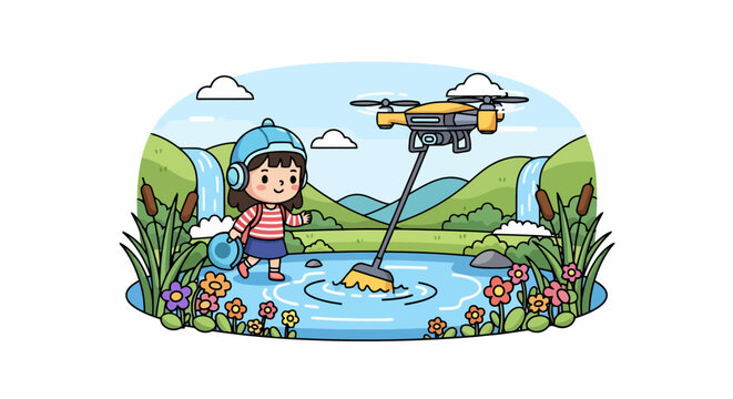 Young girl operating a drone near water with nature in background.