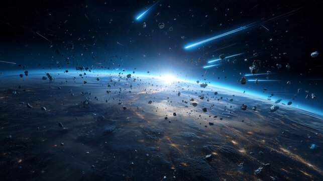 Earth Orbit Space Debris Field Above Blue Planet, Satellite Wreckage and Asteroid Fragments in Deep Space, Global Technology Risk, Orbital Collision, Cosmic Danger, Space Explorati