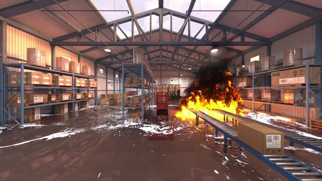 浸水した倉庫　3DCGレンダリング