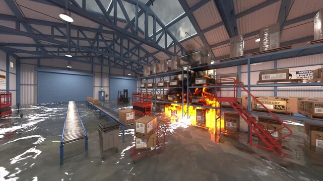 浸水した倉庫　3DCGレンダリング