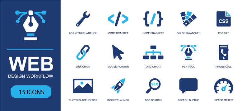Web design workflow icon set. Containing wrench, code bracket, color swatch, CSS file, link chain, mouse pointer, pen tool, SEO search, speech bubble and more. Solid fill vector icons.
