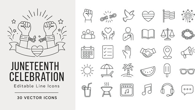 Set of 30 linear vector icons for Juneteenth celebration including broken chains, equality symbols, and holiday elements. Perfect for web design, social media, and commemorative projects.