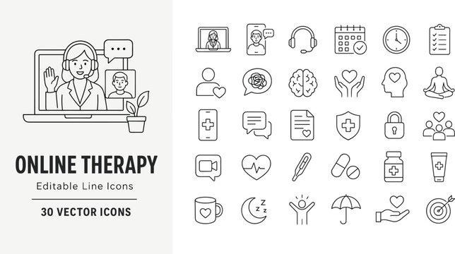 Professional online therapy vector line icon set featuring mental health, medical consultation, and wellness symbols. Perfect for healthcare websites, app UI, and clinical digital designs.