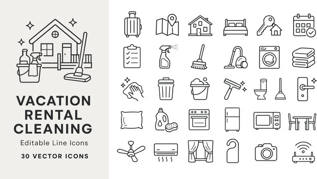 A collection of 30 editable line icons for vacation rental cleaning services, including housekeeping supplies, appliances, and booking symbols. Perfect for apps, websites, and hospitality design.