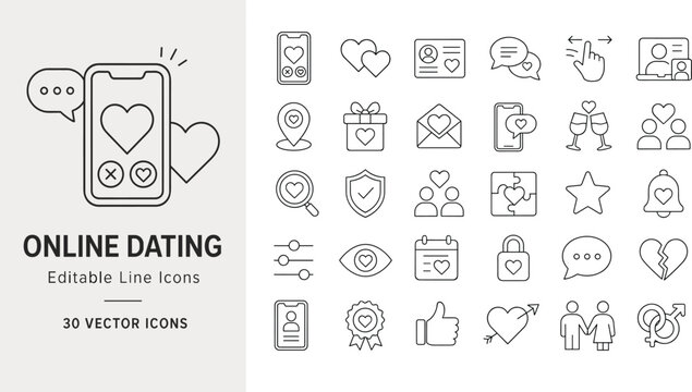 A collection of 30 minimalist vector line icons for online dating apps and websites. Includes hearts, chat bubbles, profiles, and love symbols for mobile UI and digital design projects.