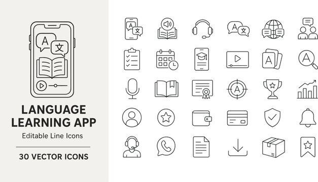 Set of vector language learning app line icons. Minimalist thin line design for educational interface, mobile software, web development, e-learning courses and digital communication projects.
