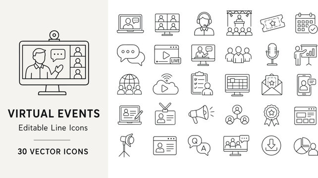 Collection of 30 thin line vector icons representing virtual events, online conferences, webinars, digital meetings, and remote communication tools for web and mobile design projects.