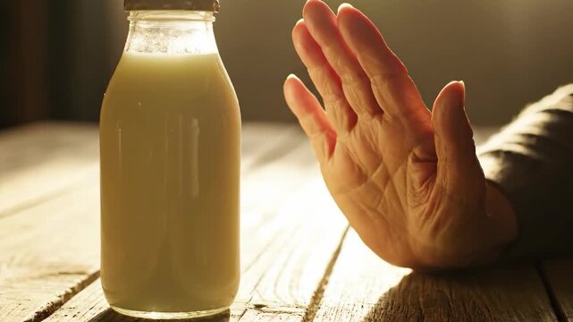 Person refusing a bottle of milk due to lactose intolerance or dairy allergy.