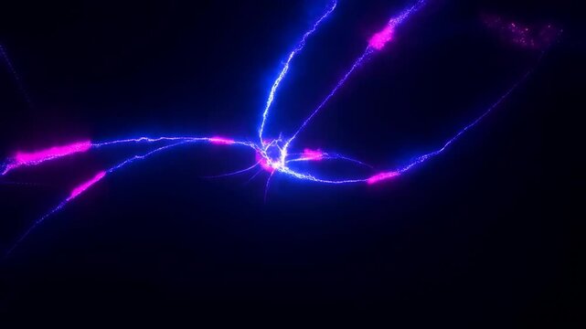 Electric blue and pink energy arcs in dynamic movement across dark background