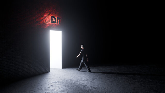 3D render of a man walking through a doorway marked "EXIT" and toward bright light.