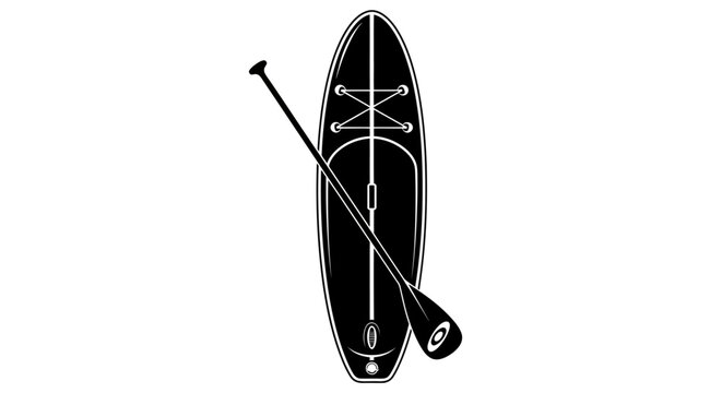 Black paddleboard, stand up paddleboard, SUP, vector icon, water sports equipment, recreational gear
