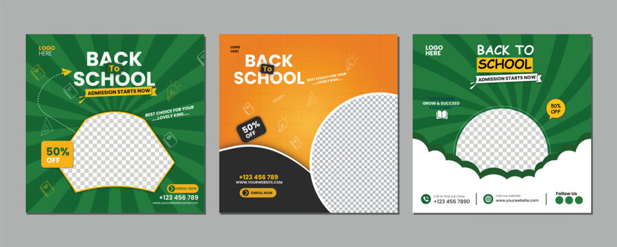 Back to School Admission Social Media Post Banner Template, Education Promotion Square Flyer Design for School Enrollment Marketing.
