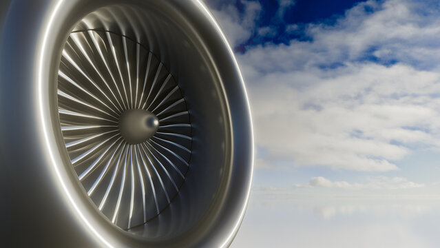 3d rendering of an up close view of the input fan on a turbine jet engine.