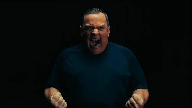 Intense emotion display of a man expressing anger with dynamic facial and body movement