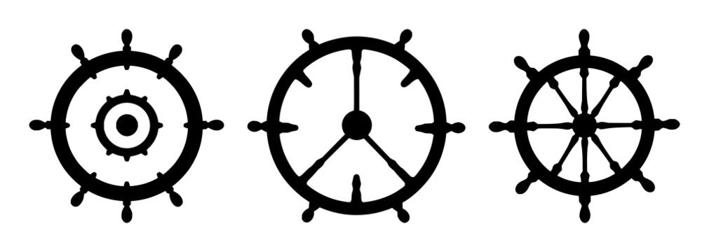 Cruise ship steering wheel set with solid black icon design featuring navigation, nautical, maritime with wheel and helm