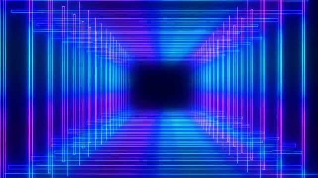 Futuristic neon tunnel with dynamic light patterns and perspective shift