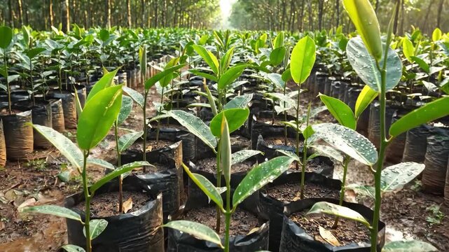 Rows of Young Rubber Tree Seedlings Growing in a Nursery Plantation.