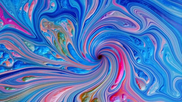Vivid spiral movement of colorful paint patterns creating a dynamic swirl effect