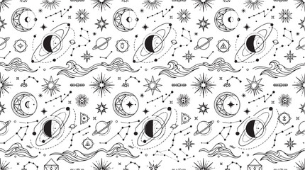 Celestial Astrology Seamless Pattern Black Line Art Planets, Crescent Moon © Syed Radif