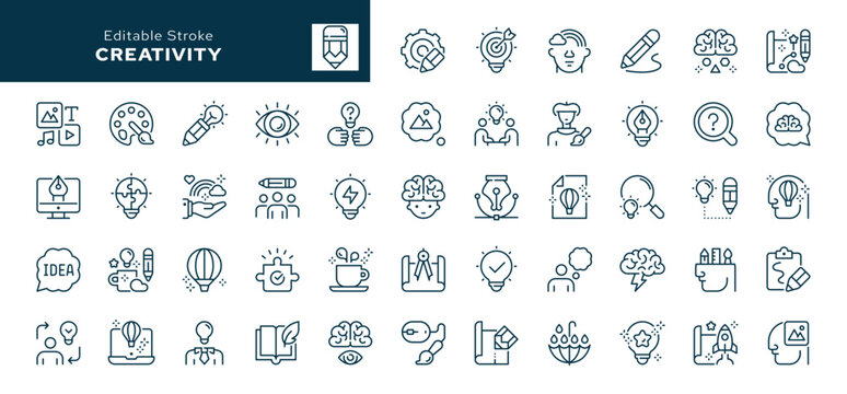 Creativity outline icons set. Creative idea, imagination, design, inspiration, sketch, brainstorming, drawing, originality, art and more. Line icon in linear style. Vector collection	
