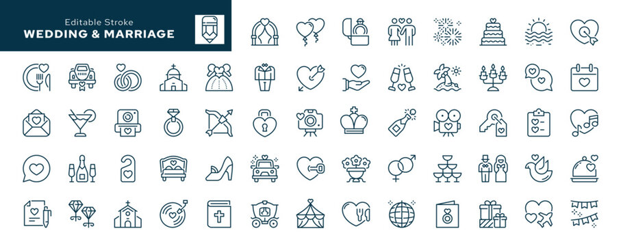 Wedding and marriage outline icons set. Newlyweds' holiday, wedding, love. Bride, groom, lovers, wedding rings, wedding car, cake. Line icon in linear style. Vector collection	