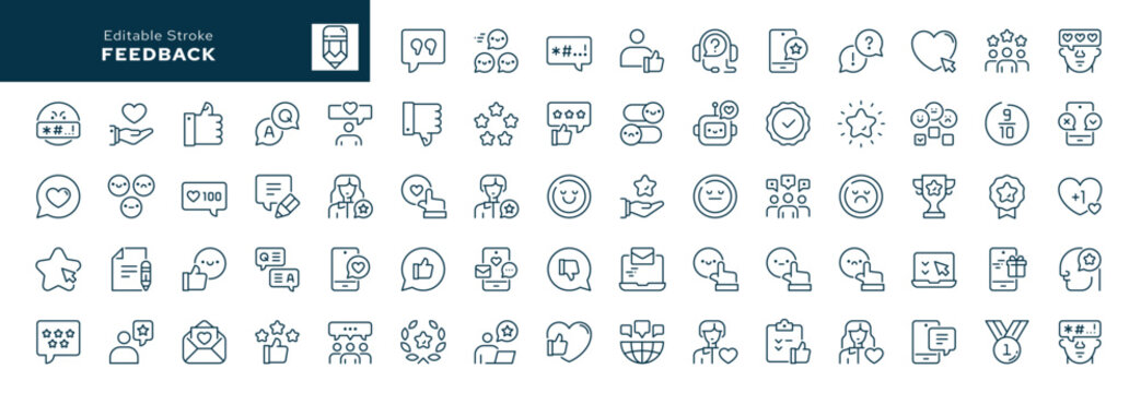 Feedback outline icons. Like, dislike, review, comment, content, user opinion, survey and more. Line icon in linear style. Vector collection	