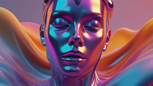 Futuristic iridescent metallic human face profile with flowing waves.