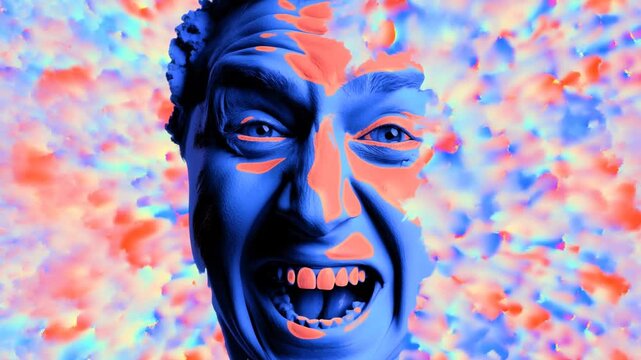Vibrant facial expressions with dynamic abstract overlay in blue and orange