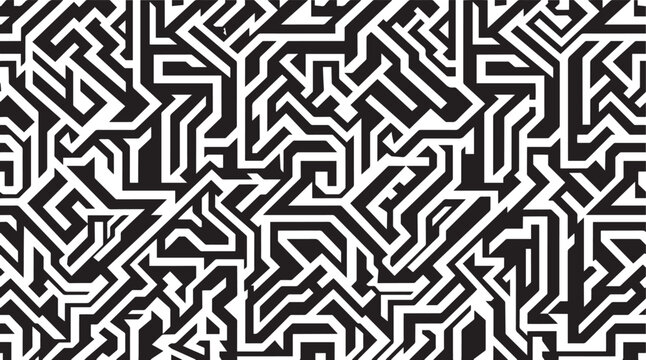 Geometric Labyrinth Seamless Pattern Black and White Abstract Maze Lines