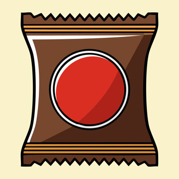 Dark brown plastic pouch flow pack snack wrapper bag packet with red circle button graphic design element - Vector Illustration