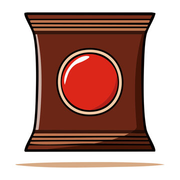 Dark brown flow pack snack pouch bag wrapper packet with red circular emblem button graphic layout design - Vector Illustration