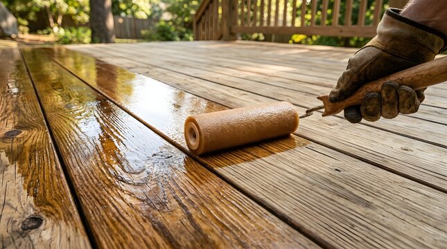 Hand applying protective wood stain to outdoor deck planks with a roller. Home improvement, renovation, and maintenance project.